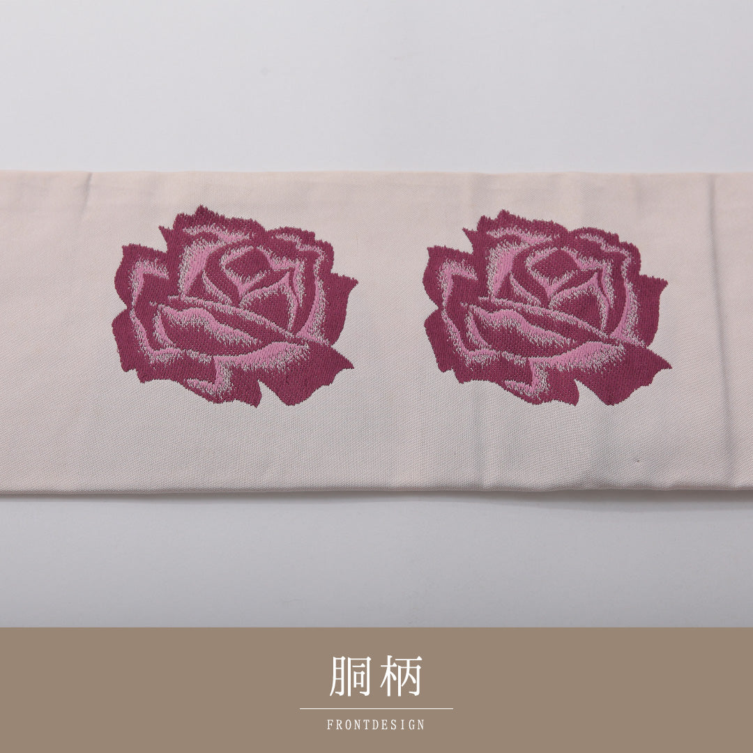 九寸名古屋帯 帯丈357cm カジュアル 名古屋仕立て ポイント柄 Dランク 正絹 綴れ織 薔薇 ピンク系 1224-03656