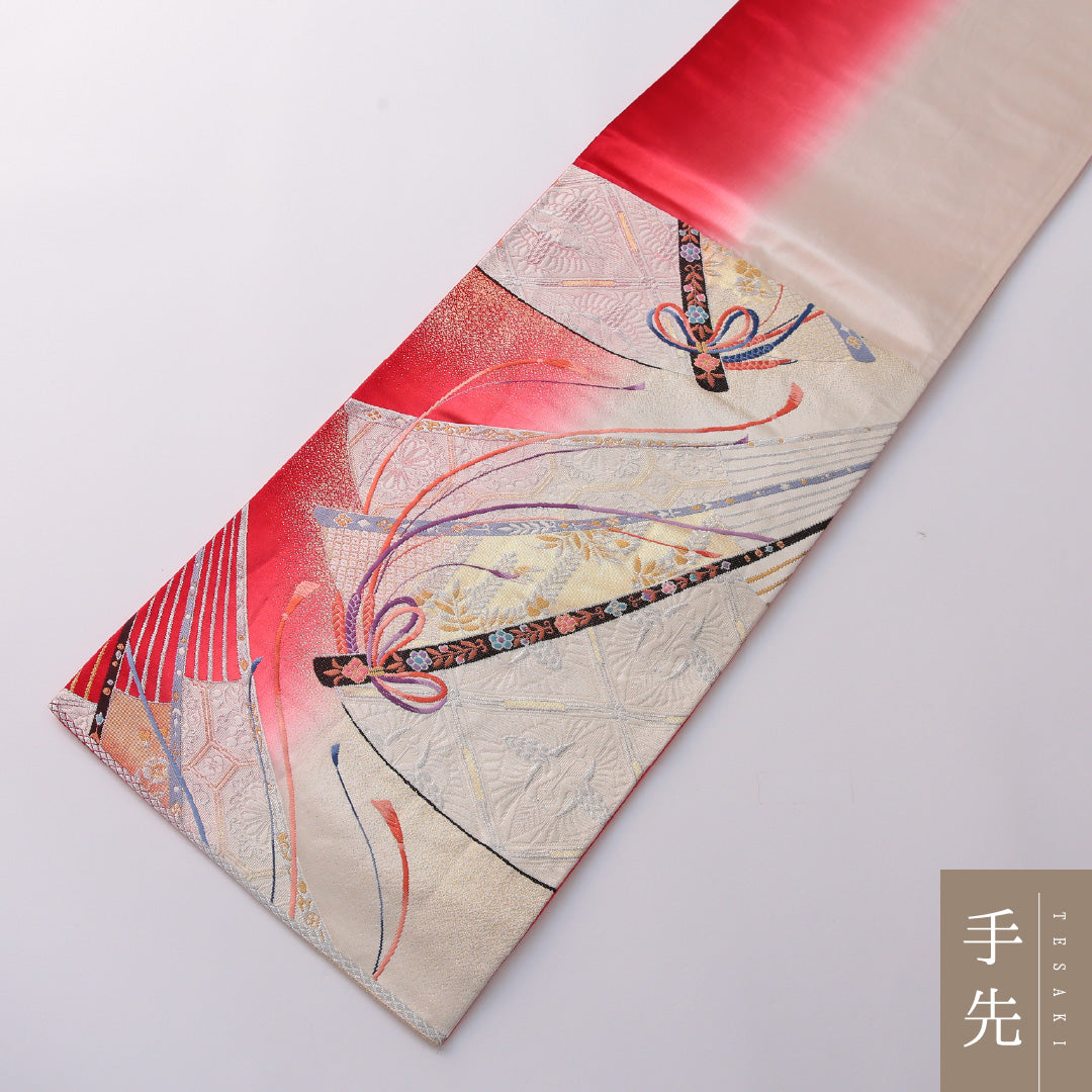 振袖用 袋帯 帯丈424cm 正絹 全通 扇面文 組紐 吉祥文様 赤系 金系 1243-01955