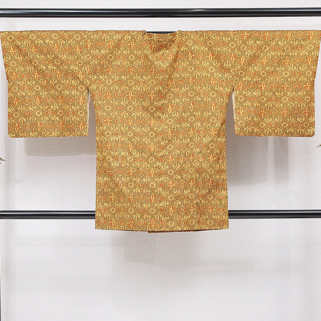 道行コート 袷 身丈86cm 裄丈46cm 正絹 Aランク Sサイズ フォーマル ポケットあり 菊 黄系 朱系 1263-15126