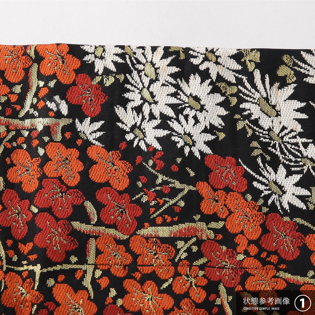 九寸名古屋帯 帯丈336cm インフォーマル 名古屋仕立て 六通 Aランク 正絹 梅 菊 黒系 1224-03817