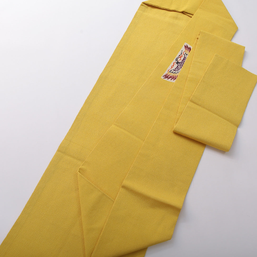 アンティーク 九寸名古屋帯 帯丈361cm セミフォーマル 名古屋仕立て ポイント柄 Bランク 正絹 染め帯 ちりめん 江戸紅型 鳳凰 黄系 1224-03705