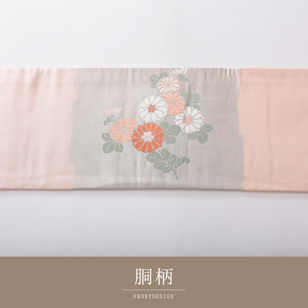 九寸名古屋帯 帯丈350cm セミフォーマル 名古屋仕立て ポイント柄 Cランク 正絹 吉祥文様 菊 ピンク系 1224-03833