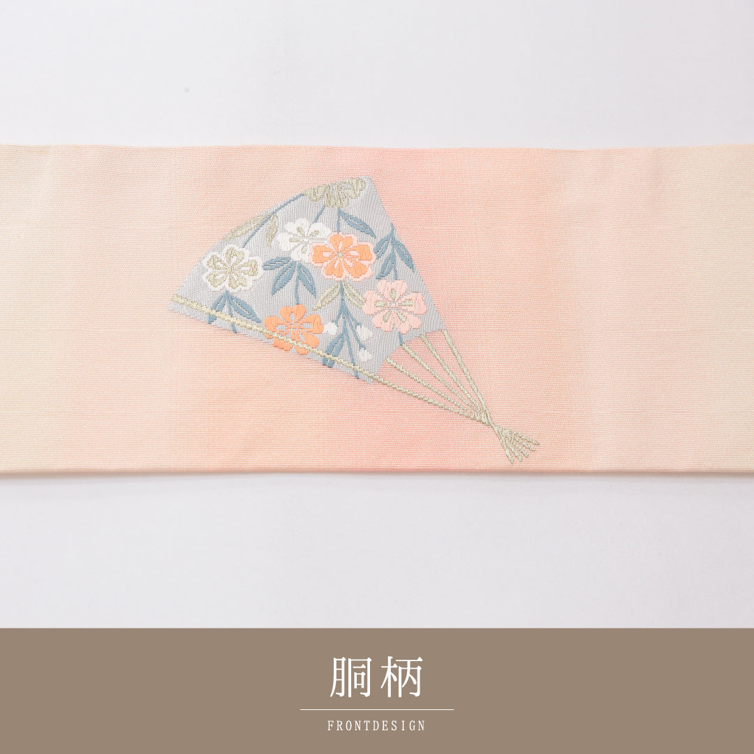 九寸名古屋帯 Cランク 帯丈361cm 正絹 ポイント柄 名古屋仕立て 織り セミフォーマル 綴れ織 花扇 ピンク系 HP 1245-04082