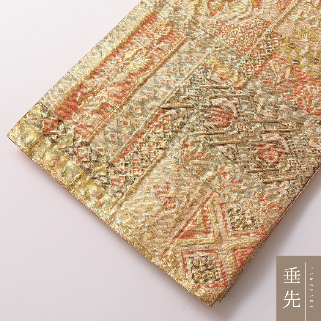 袋帯 帯丈436cm 正絹 六通 フォーマル ふくれ織 裂取り 唐草華文 ペルシャ文様 金系 1243-01787