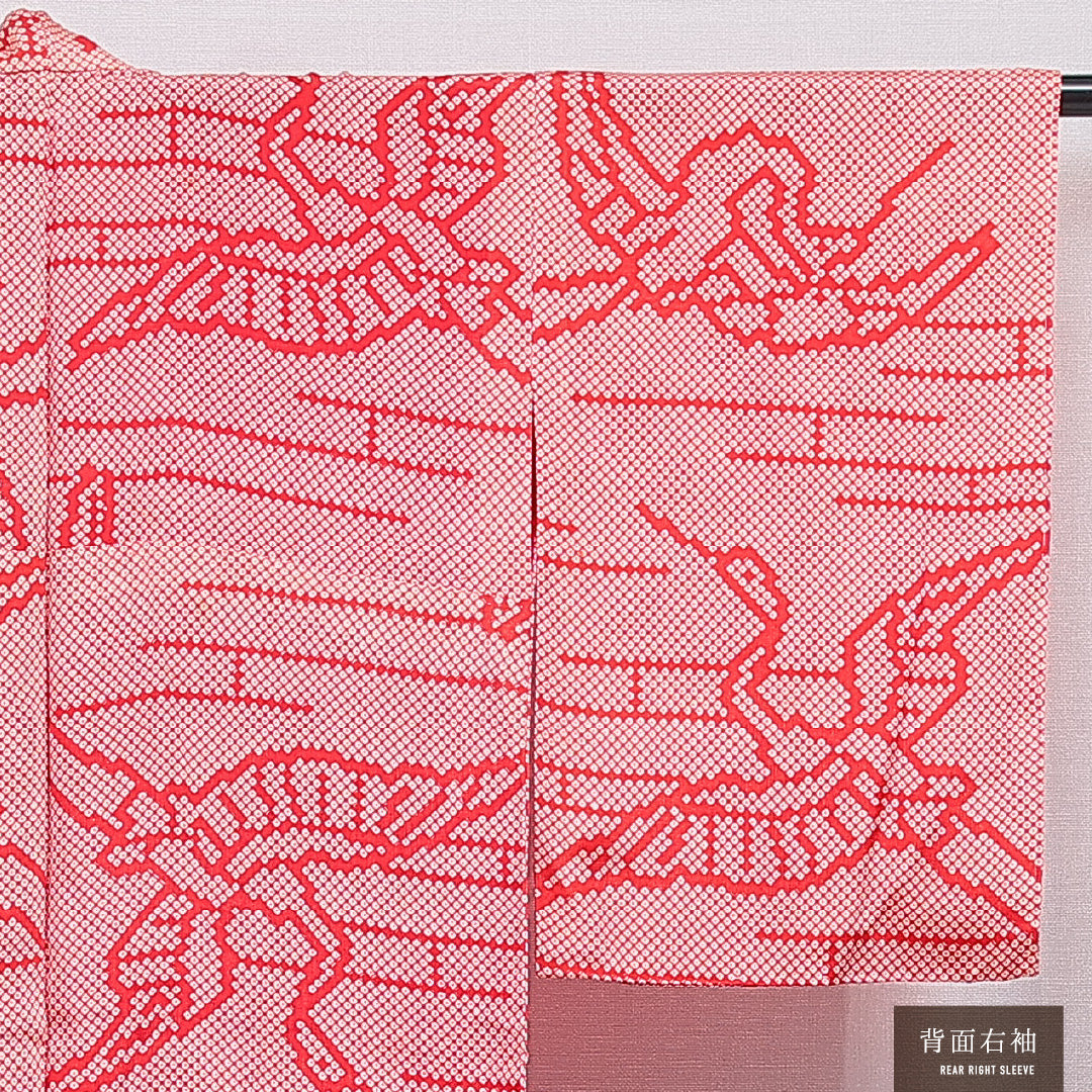 アンティーク 羽織 袷 身丈124cm 裄丈61cm 正絹 Aランク Sサイズ 鹿の子 鶴 赤系 1217-16186