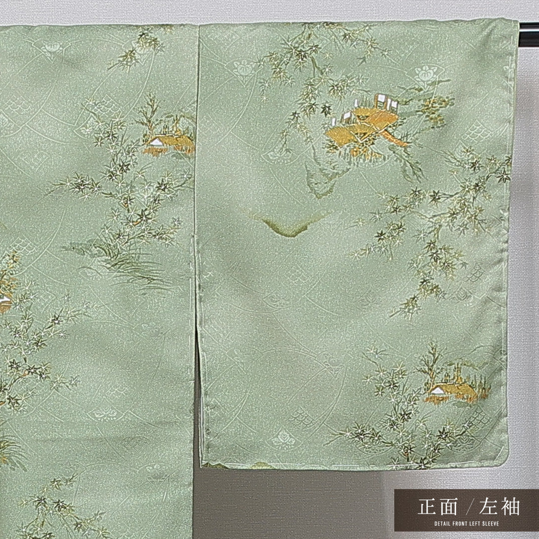 洗える着物 小紋 袷 身丈148cm 裄丈62cm ポリエステル Sランク 紋意匠 (吉祥文様) インフォーマル 広衿 XSサイズ 織り出し 茶屋辻 緑系 RP 1221-16108