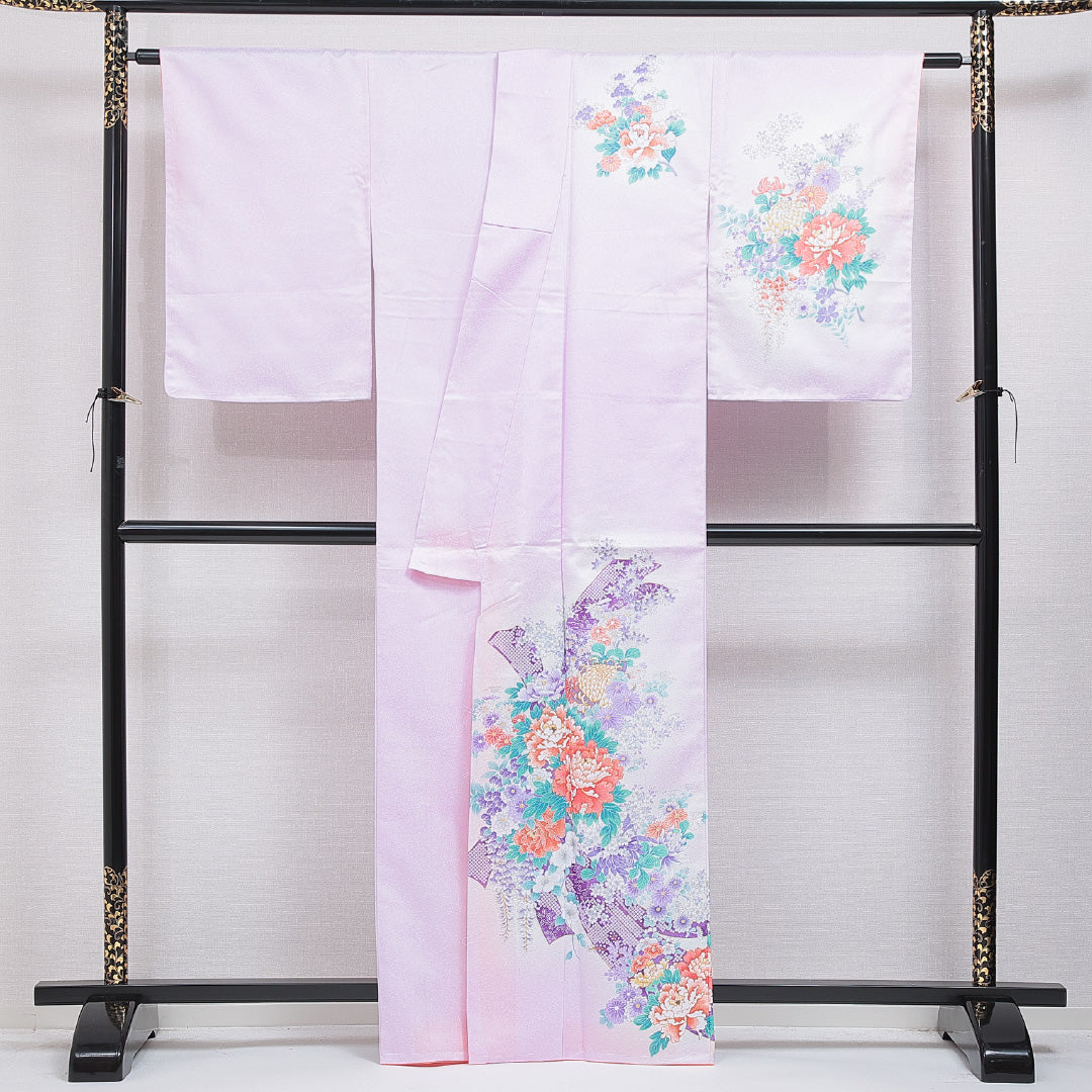 訪問着 洗える着物 袷 身丈164cm 裄丈64cm ポリエステル Aランク Lサイズ 広衿 セミフォーマル 熨斗 牡丹 紫系 1212-16213