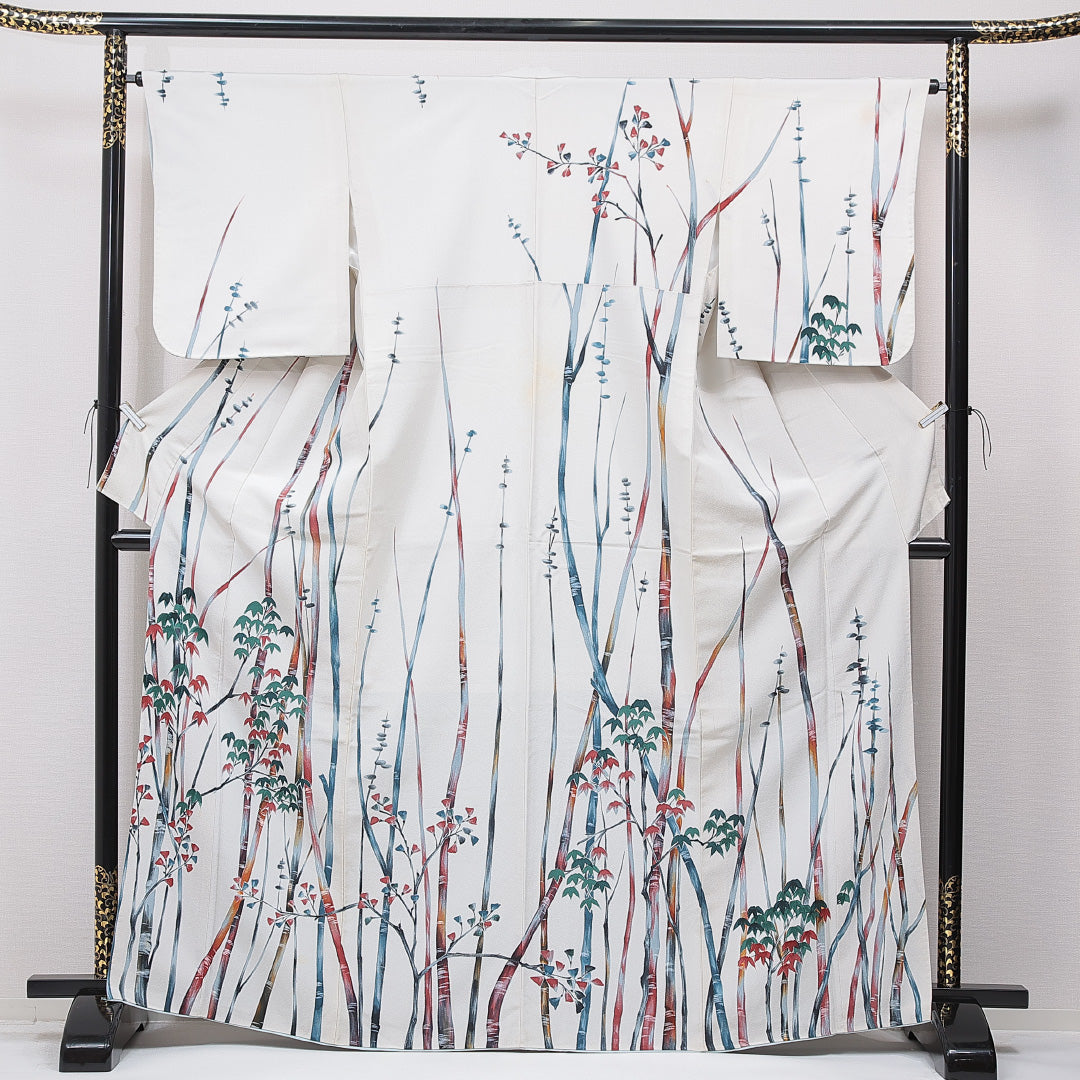 小紋 袷 身丈166cm 裄丈64cm 正絹 Cランク XLサイズ 広衿 インフォーマル 植物柄 ベージュ系 1215-15645