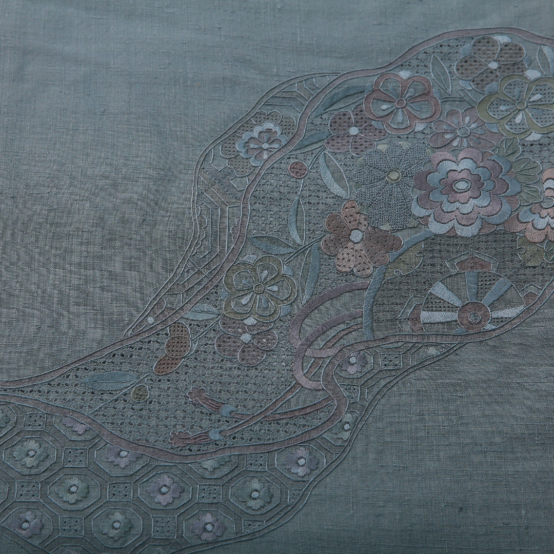 袋帯 帯丈456cm フォーマル ポイント柄 Bランク 正絹 汕頭刺繡 菊 青系 緑系 1223-02067