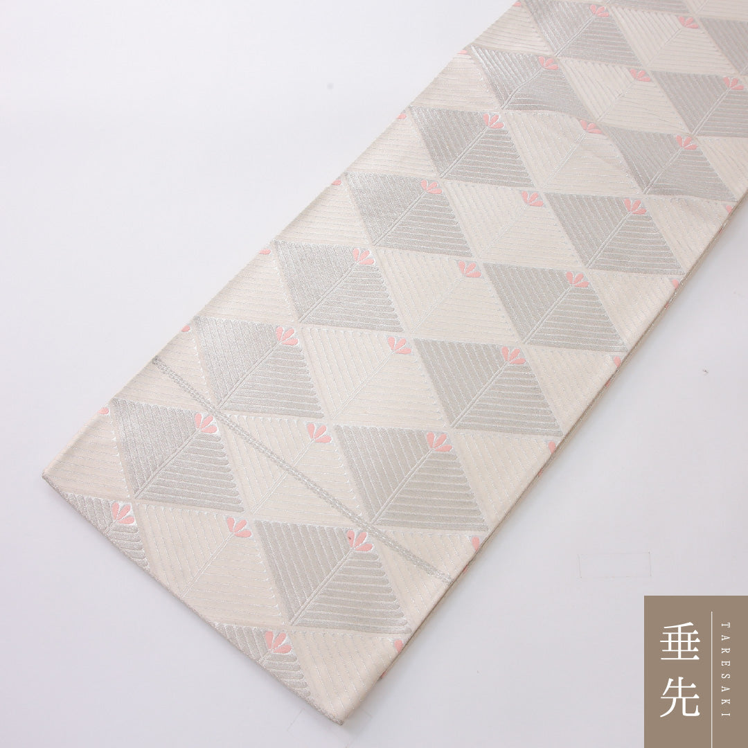 袋帯 帯丈420cm セミフォーマル 六通 帯芯なし Cランク 正絹 菱 クリーム系 1223-02247