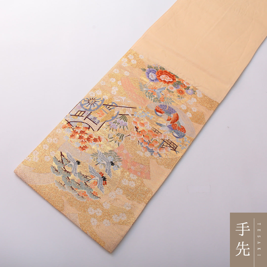 袋帯 帯丈426cm フォーマル 六通 Sランク 正絹 花車 金系 1223-01979