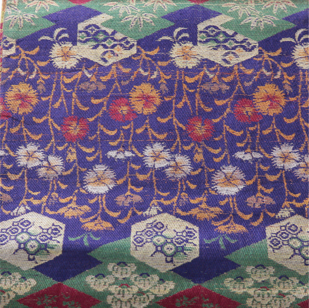 アンティーク 九寸名古屋帯 帯丈376cm 開き仕立て 全通 Dランク 正絹 蒲公英 吉祥文様 多色系 1224-03884