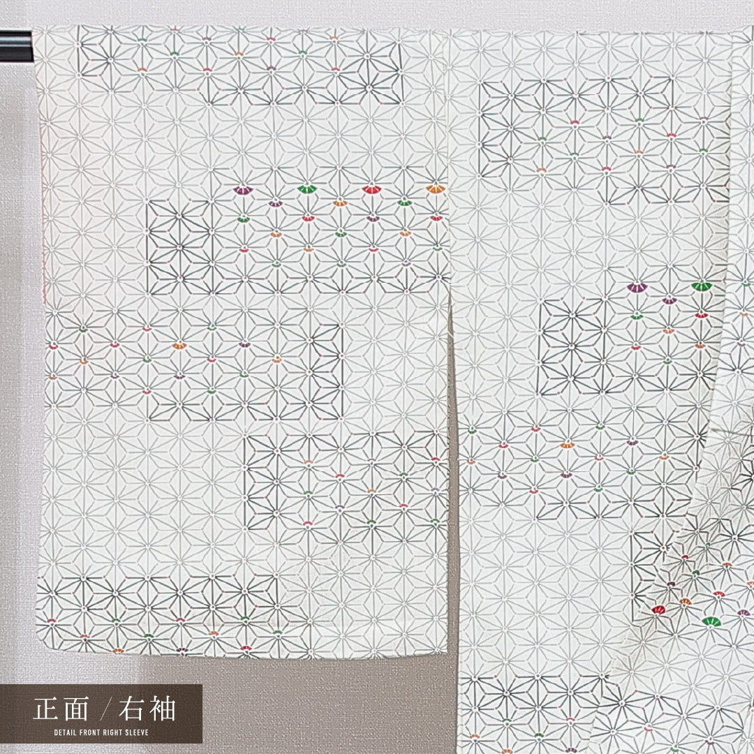 小紋 洗える着物 袷 身丈162cm 裄丈63cm ポリエステル Bランク Lサイズ 広衿 インフォーマル 麻の葉 白系 1215-15798