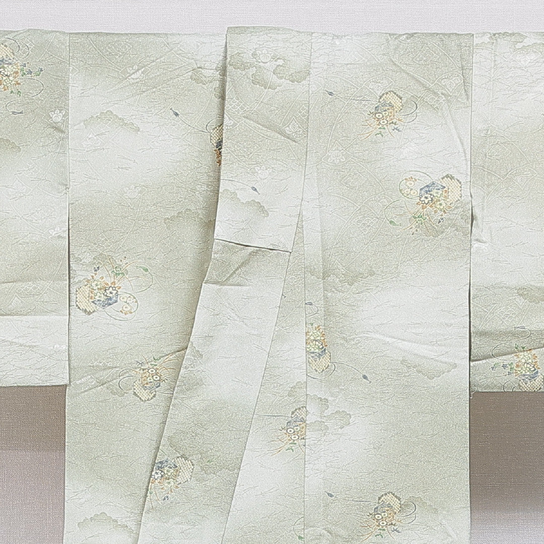 小紋 洗える着物 袷 身丈159cm 裄丈64cm ポリエステル Sランク Mサイズ 広衿 インフォーマル 雲取り 亀甲 緑系 1215-16274