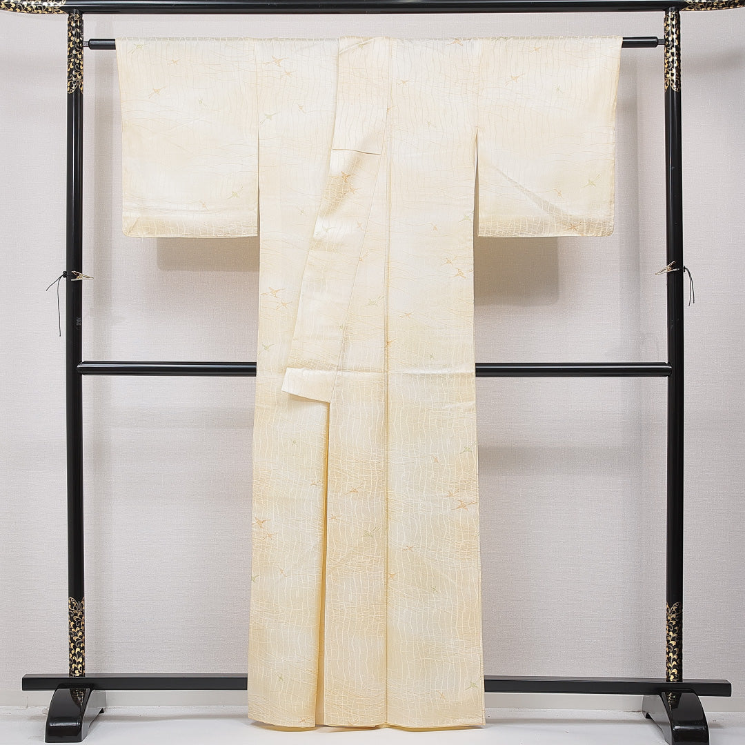 洗える着物 小紋 袷 身丈160cm 裄丈63cm ポリエステル Sランク インフォーマル 広衿 Lサイズ 芝草 創作柄 クリーム系 RP 1221-15854