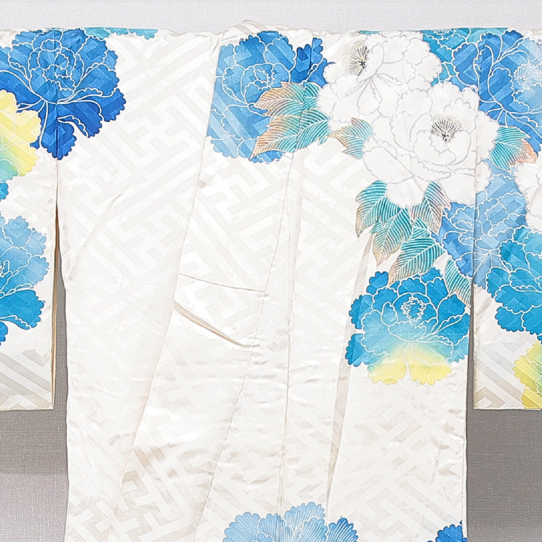 訪問着 袷 身丈154cm 裄丈63cm 正絹 Cランク Sサイズ 広衿 セミフォーマル 牡丹 金彩 クリーム系 水色系 1212-15755