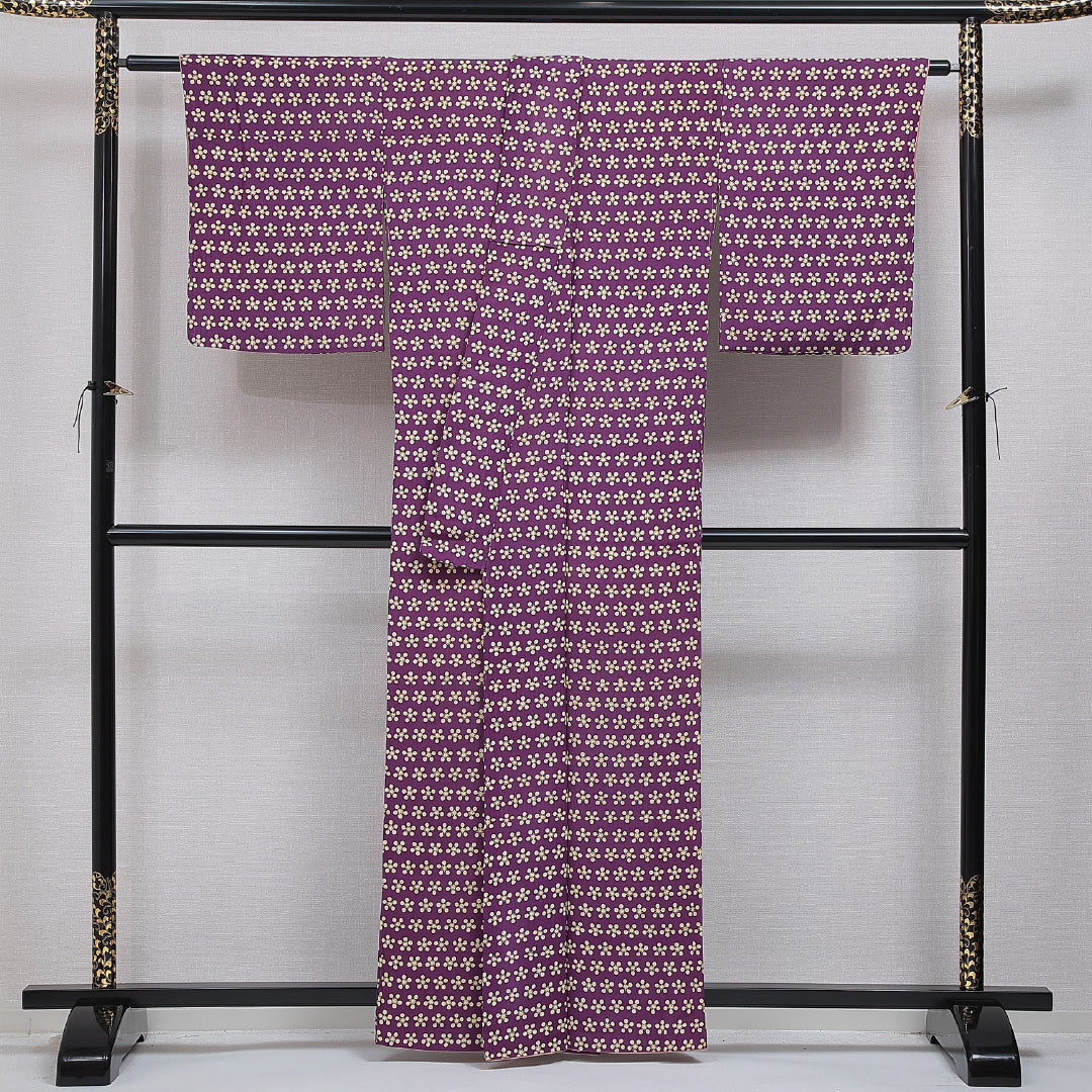 小紋 袷 身丈160cm 裄丈63cm 正絹 Bランク インフォーマル 広衿 Lサイズ 梅鉢 紫系 HP 1221-15930