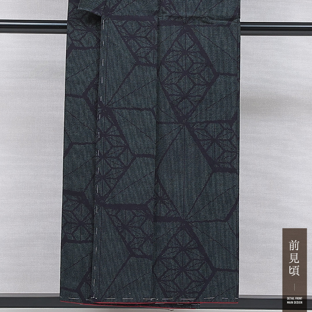 紬 袷 身丈151cm 裄丈62cm 正絹 Cランク カジュアル バチ衿 Sサイズ 麻の葉 緑系 LP 1223-16651
