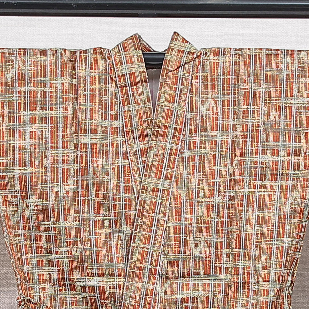 道中着 袷 身丈73cm 裄丈62cm 正絹 Sランク カジュアル Sサイズ 格子 茶系 RP 1236-16444