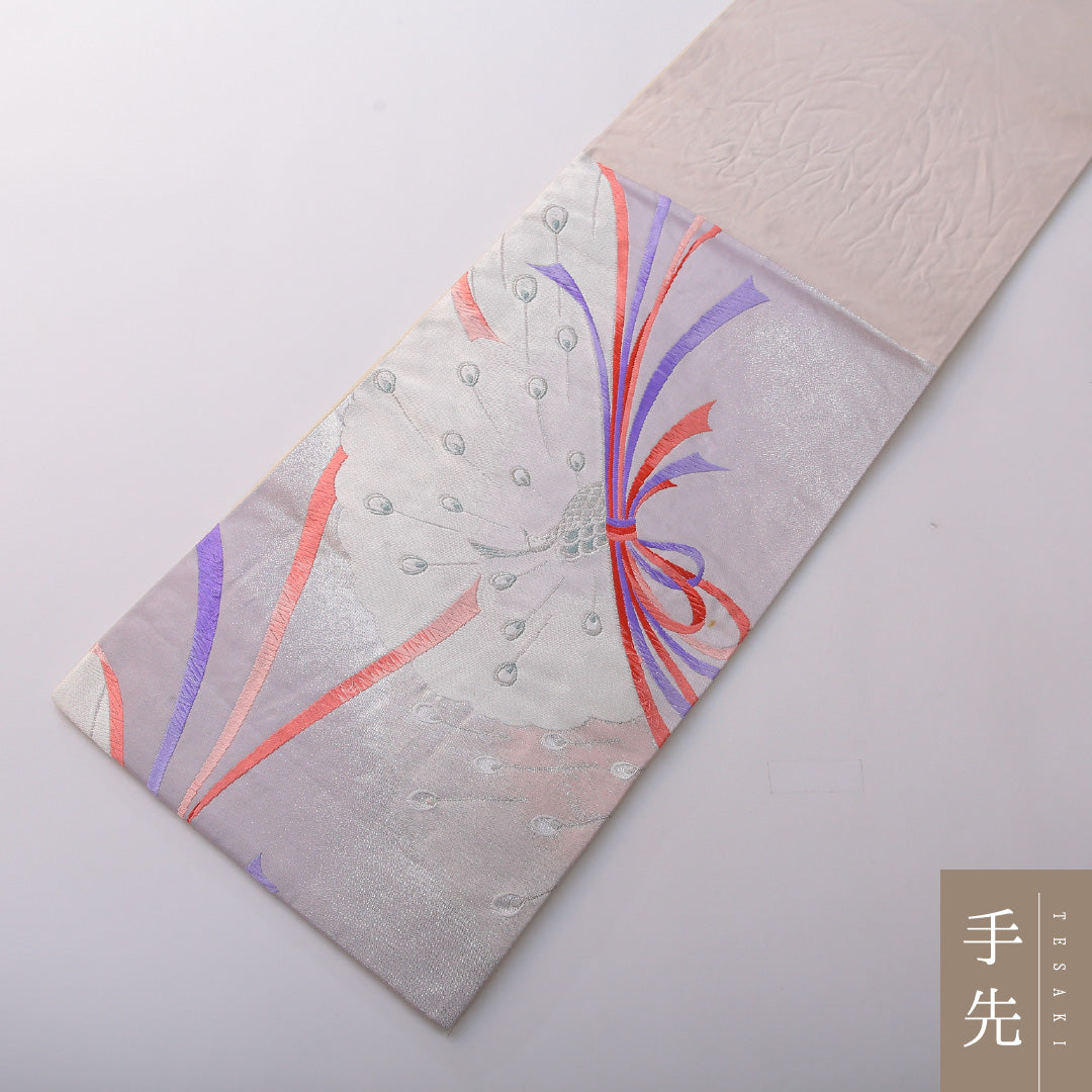 振袖用 袋帯 帯丈424cm 正絹 六通 孔雀 紫系 銀系 1243-02039