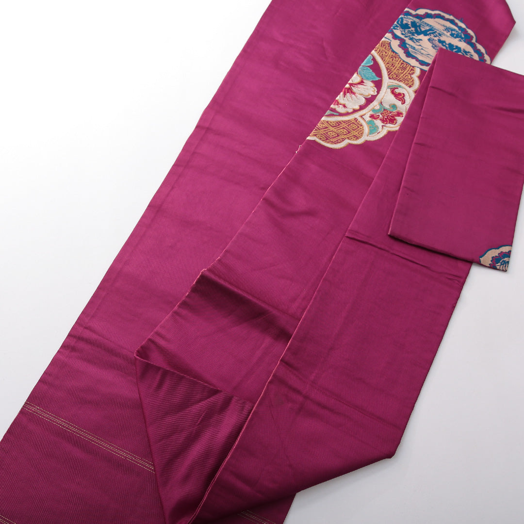 アンティーク 九寸名古屋帯 帯丈336cm 名古屋仕立て ポイント柄 Dランク 正絹 鏡裏文 紫系 赤系 1224-03809