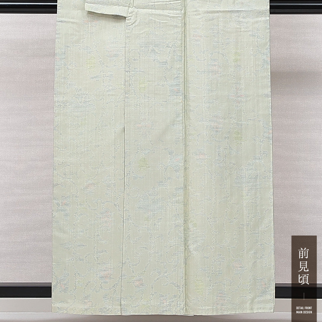 大島紬 袷 身丈157cm 裄丈62cm 正絹 Bランク インフォーマル 広衿 Mサイズ 唐草 緑系 RP 1223-15030