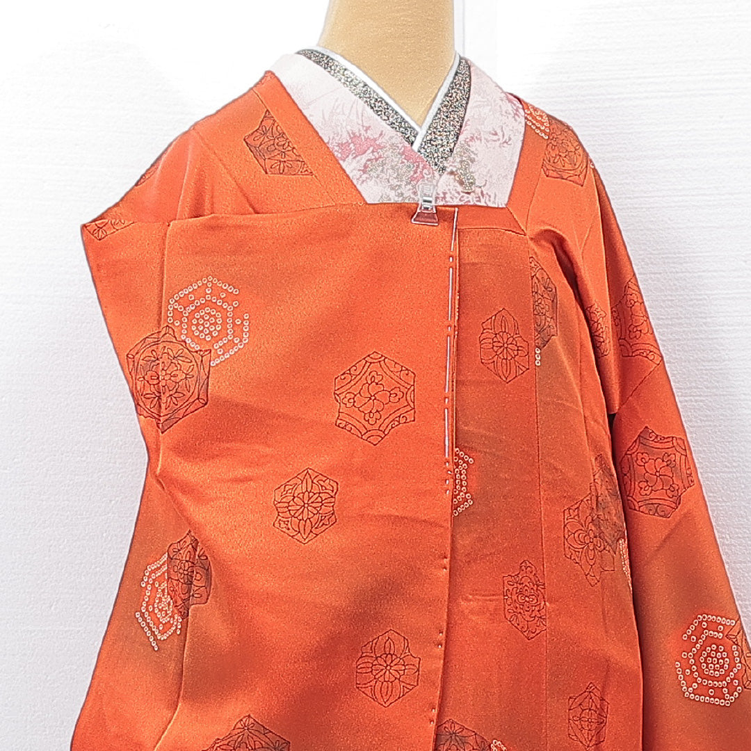 道行コート 袷 身丈82cm 裄丈65cm 正絹 Sランク Mサイズ フォーマル 創作柄 朱系 1263-15131