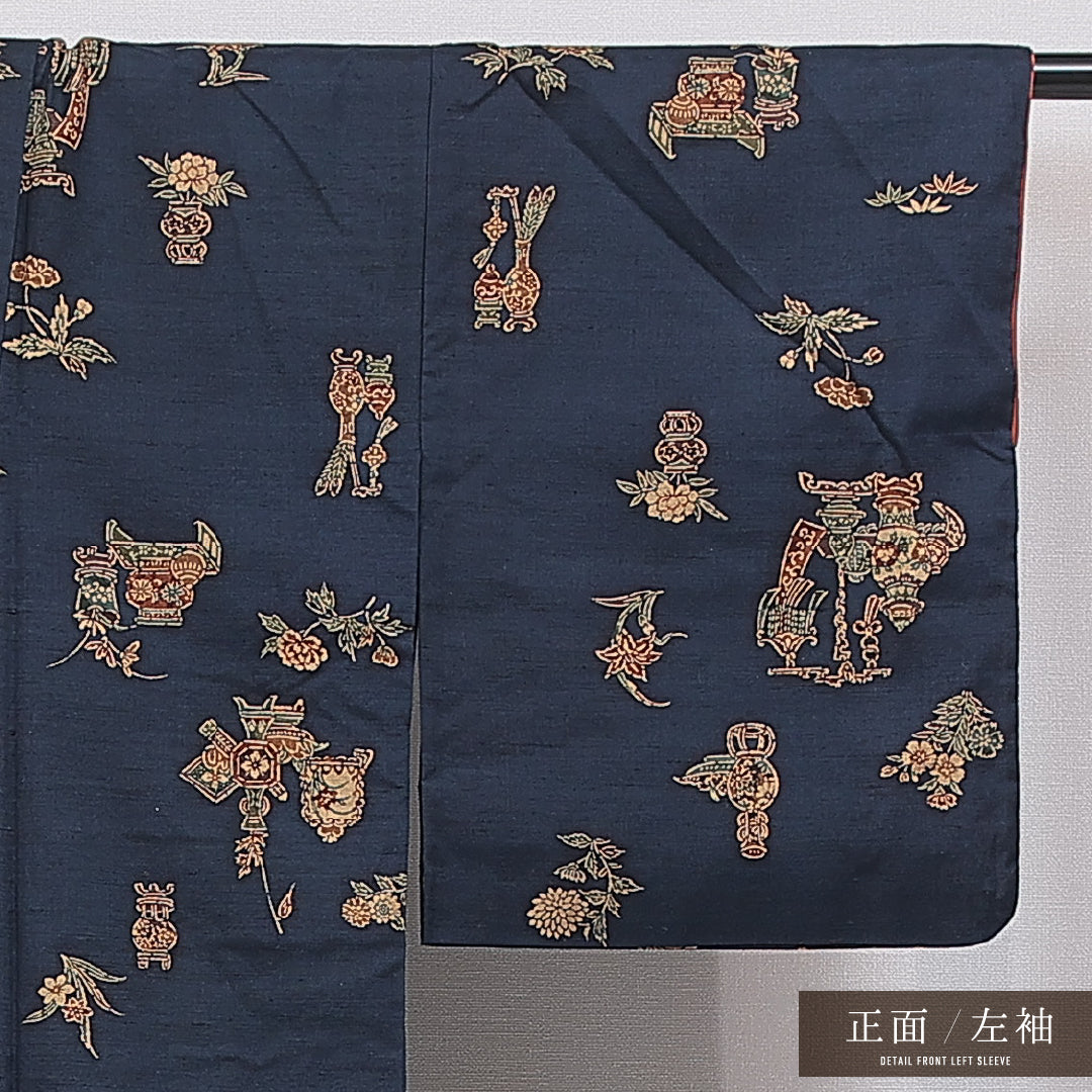 小紋 袷 身丈163cm 裄丈64cm 正絹 Aランク インフォーマル 広衿 Lサイズ 染め紬 花瓶 紺系 RP 1221-16656