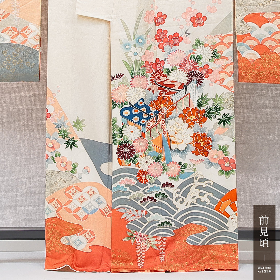 振袖 袷 身丈161cm 裄丈65cm フォーマル Cランク Lサイズ 正絹 広衿 御所車 牡丹 1213-F0686