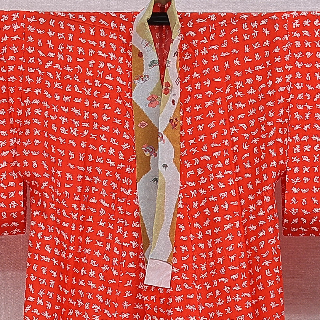 アンティーク 長襦袢 無双袖 身丈122cm 裄丈61cm 正絹 Aランク Sサイズ 創作柄 赤系 1229-16481