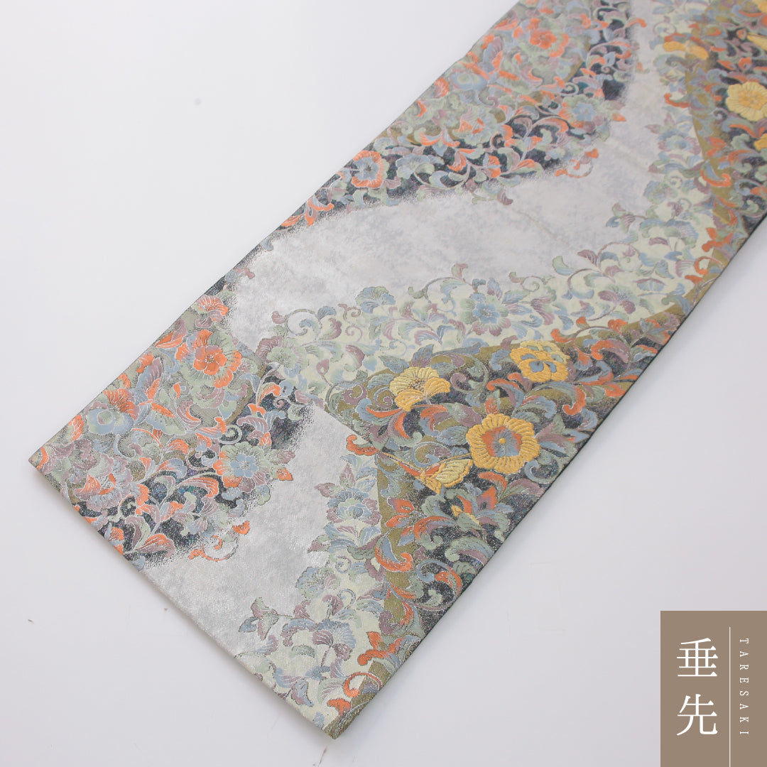 袋帯 帯丈442cm フォーマル 六通 Sランク 正絹 蝶 唐華 銀系 1223-02330
