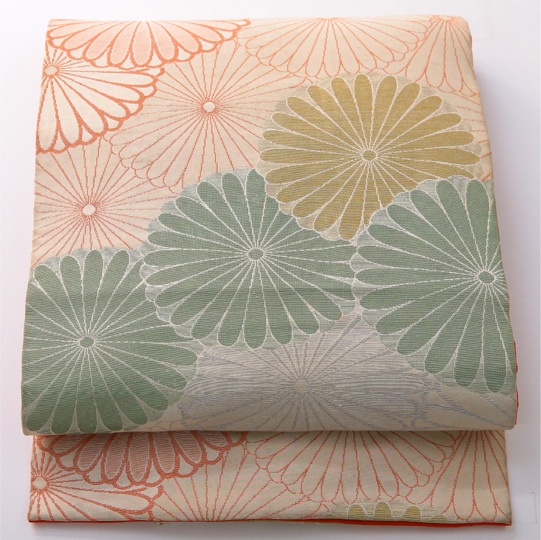 アンティーク 九寸名古屋帯 帯丈244cm 松葉仕立て 全通 Cランク 正絹 菊 クリーム系 1224-03815