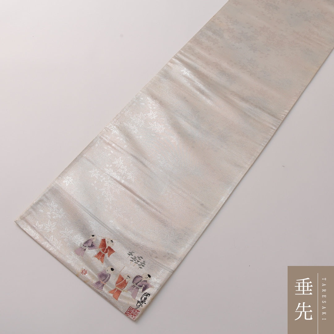 袋帯 帯丈422cm 正絹 ポイント柄 セミフォーマル 童 落款 銀系 ピンク系 1243-01877