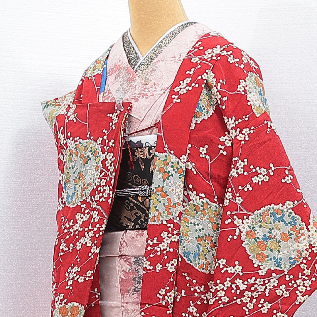 アンティーク 羽織 袷 身丈93cm 裄丈62cm 正絹 Aランク Sサイズ 紐あり 梅 赤系 M4 1232-16776