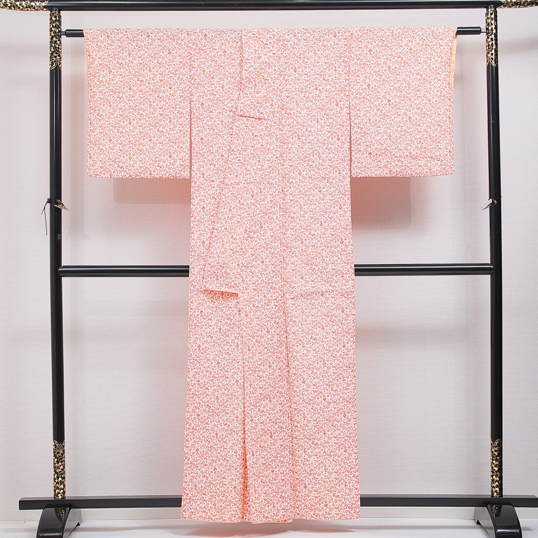 洗える着物 小紋 袷 身丈158cm 裄丈65cm ポリエステル Sランク インフォーマル 広衿 Mサイズ 蝶 花柄 白系 RP 1221-16373