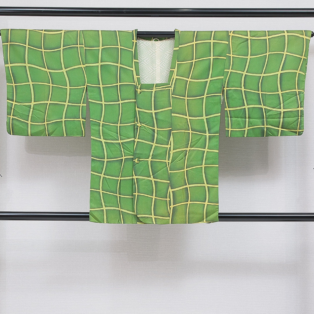 道行コート 洗える着物 袷 身丈81cm 裄丈65cm ポリエステル Aランク Mサイズ インフォーマル ポケットあり 格子 緑系 1263-16861