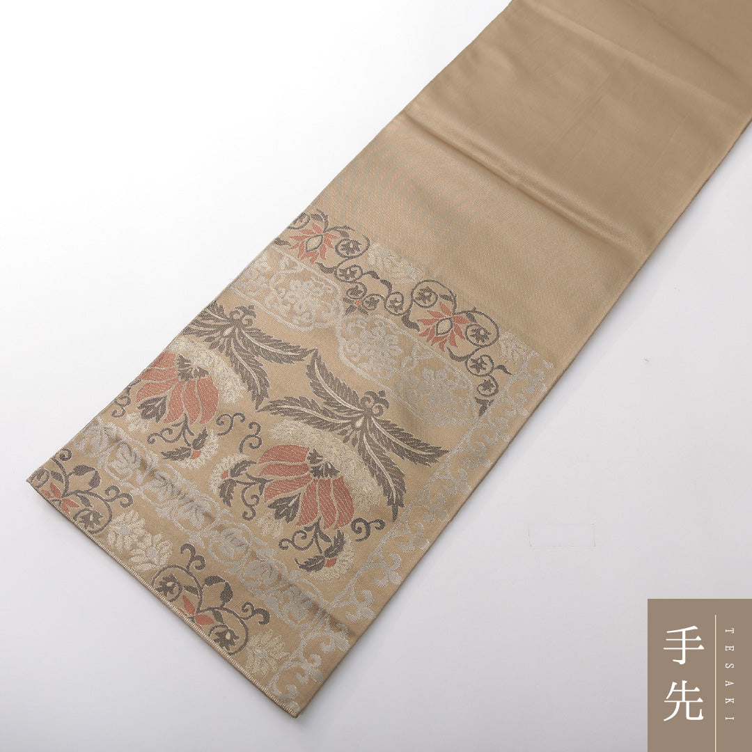 袋帯 帯丈410cm 正絹 六通 帯芯なし インフォーマル ペルシャ文様 ベージュ系 1243-02141