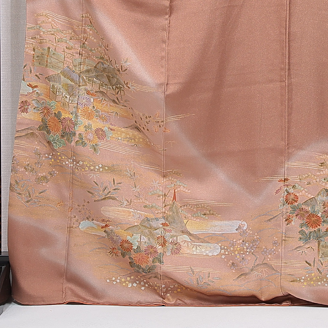 訪問着 袷 身丈172cm 裄丈65cm 正絹 Cランク 2XLサイズ 広衿 セミフォーマル 茶屋辻 茶系 1212-15708