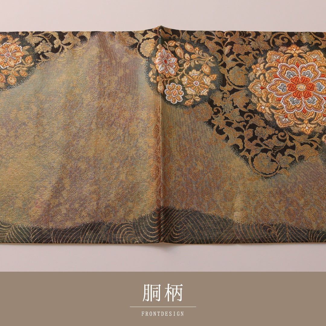 袋帯 帯丈428cm フォーマル 六通 Sランク 正絹 唐華 金系 黒系 1223-01899