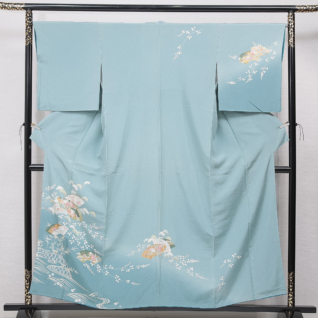 訪問着 袷 身丈155cm 裄丈66cm 正絹 Bランク Mサイズ 広衿 セミフォーマル 扇 流水 菊 水色系 1212-15654