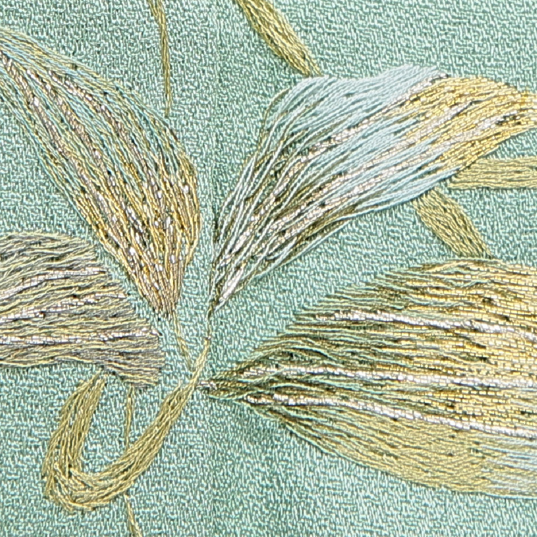 付下げ 袷 身丈153cm 裄丈61cm 正絹 Sランク Sサイズ 広衿 一つ紋 セミフォーマル 花柄 ぼかし染 刺繍 落款 緑系 1261-15905