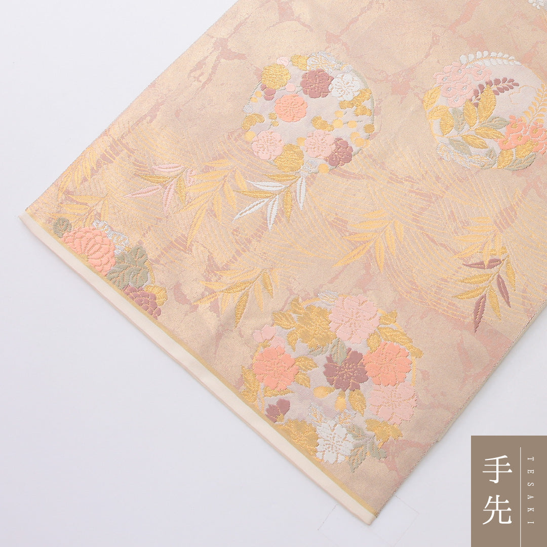 袋帯 帯丈448cm フォーマル 六通 Sランク 正絹 花文 金系 ピンク系 1223-02186