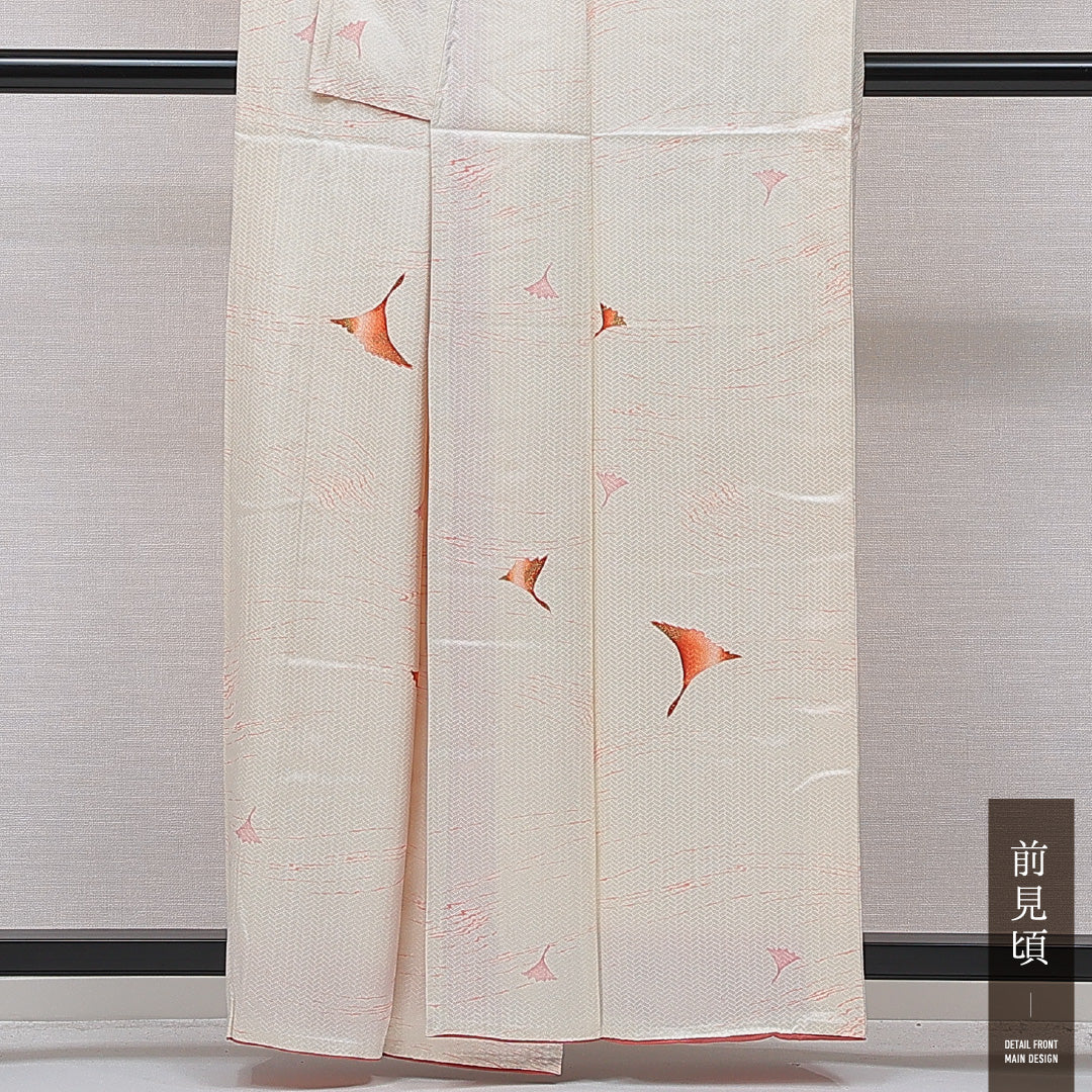 小紋 袷 身丈158cm 裄丈64cm 正絹 Cランク 紋意匠 (網代文様) インフォーマル 広衿 Mサイズ 金彩 銀杏 クリーム系 HP 1221-15751