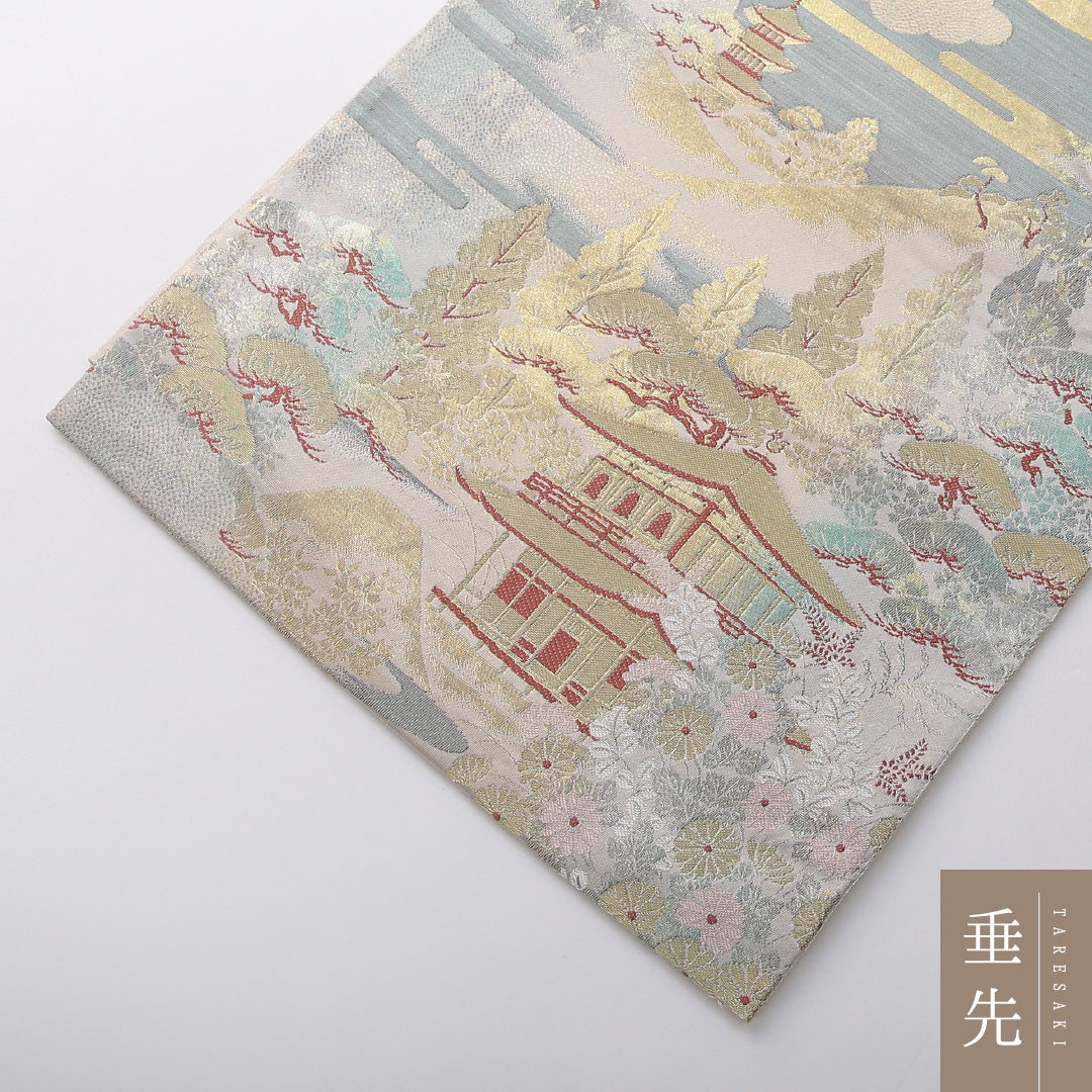 袋帯 帯丈428cm フォーマル 六通 Sランク 正絹 楼閣 クリーム系 1223-02076