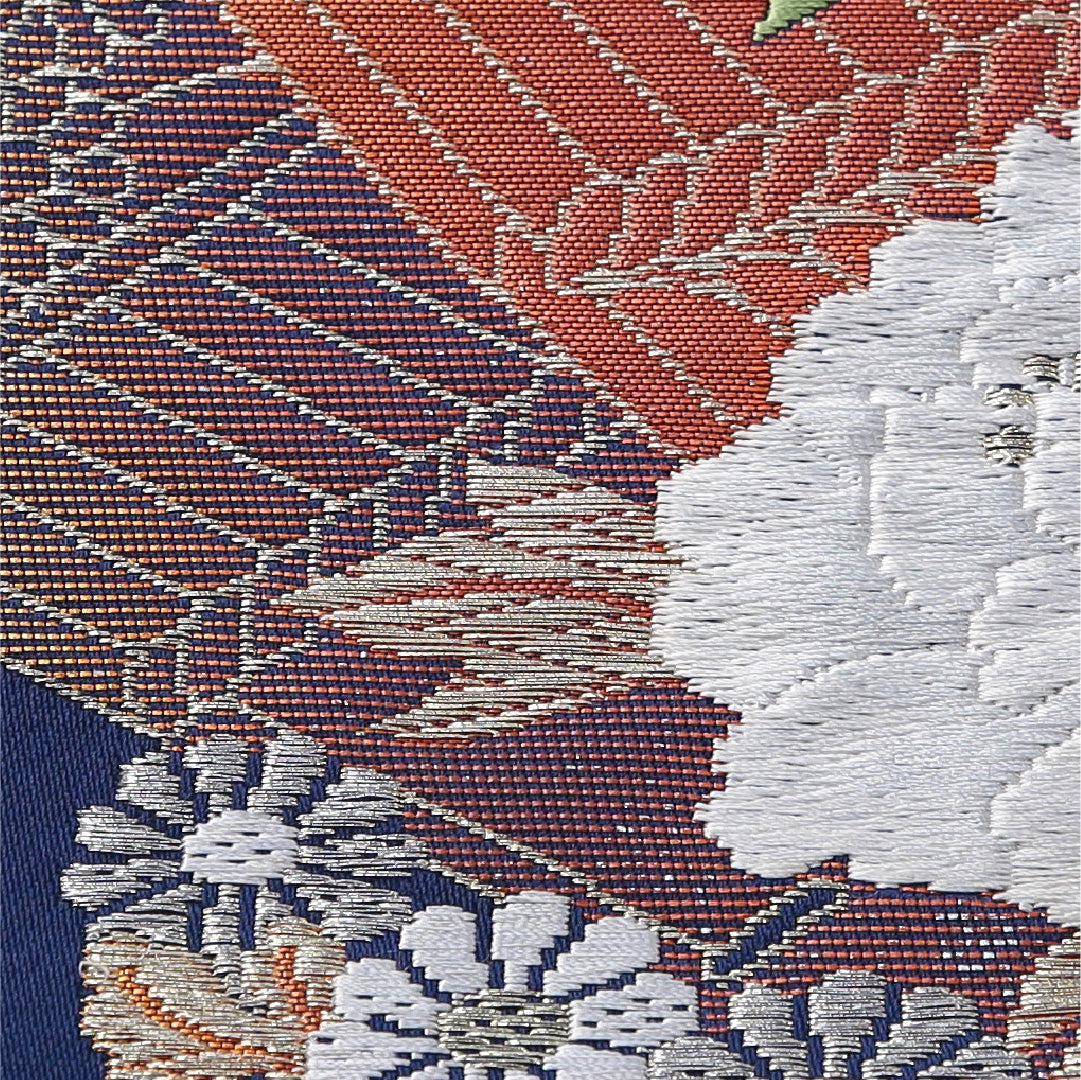 八寸名古屋帯 帯丈366cm セミフォーマル 松葉仕立て ポイント柄 Aランク 正絹 扇 牡丹 青系 1224-03727