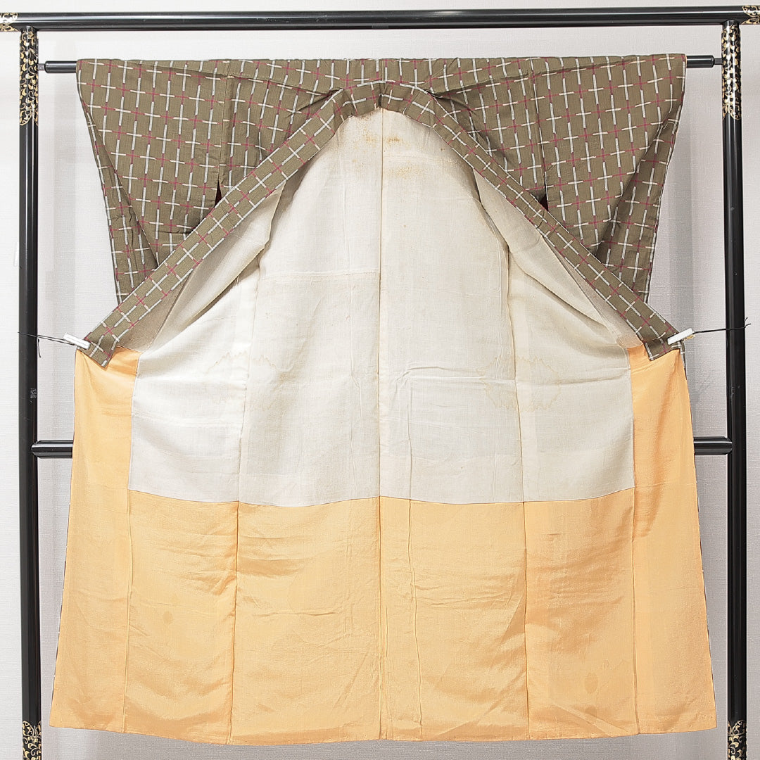 紬 袷 身丈145cm 裄丈60cm 正絹 Bランク XSサイズ バチ衿 カジュアル 格子 緑系 1216-15234