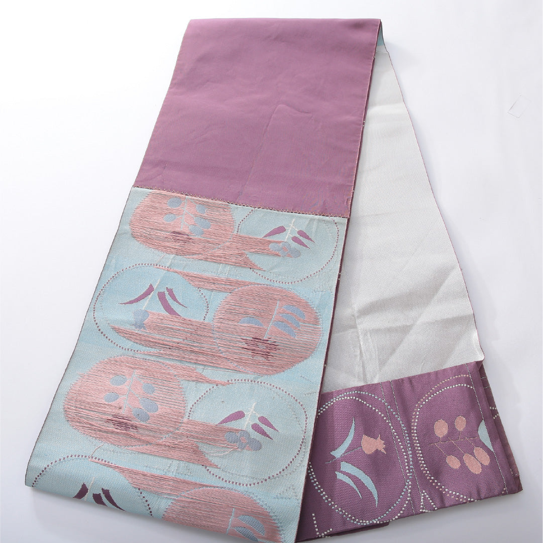 八寸名古屋帯 帯丈350cm カジュアル 松葉仕立て 六通 Cランク 正絹 チューリップ 紫系 1224-03947