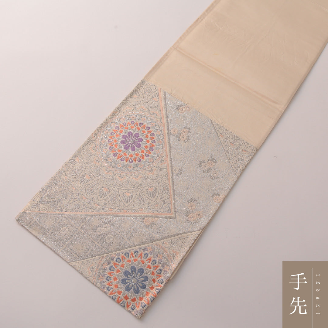 袋帯 帯丈428cm フォーマル 六通 未仕立て Aランク 正絹 唐草華文 扇 銀系 1223-01889