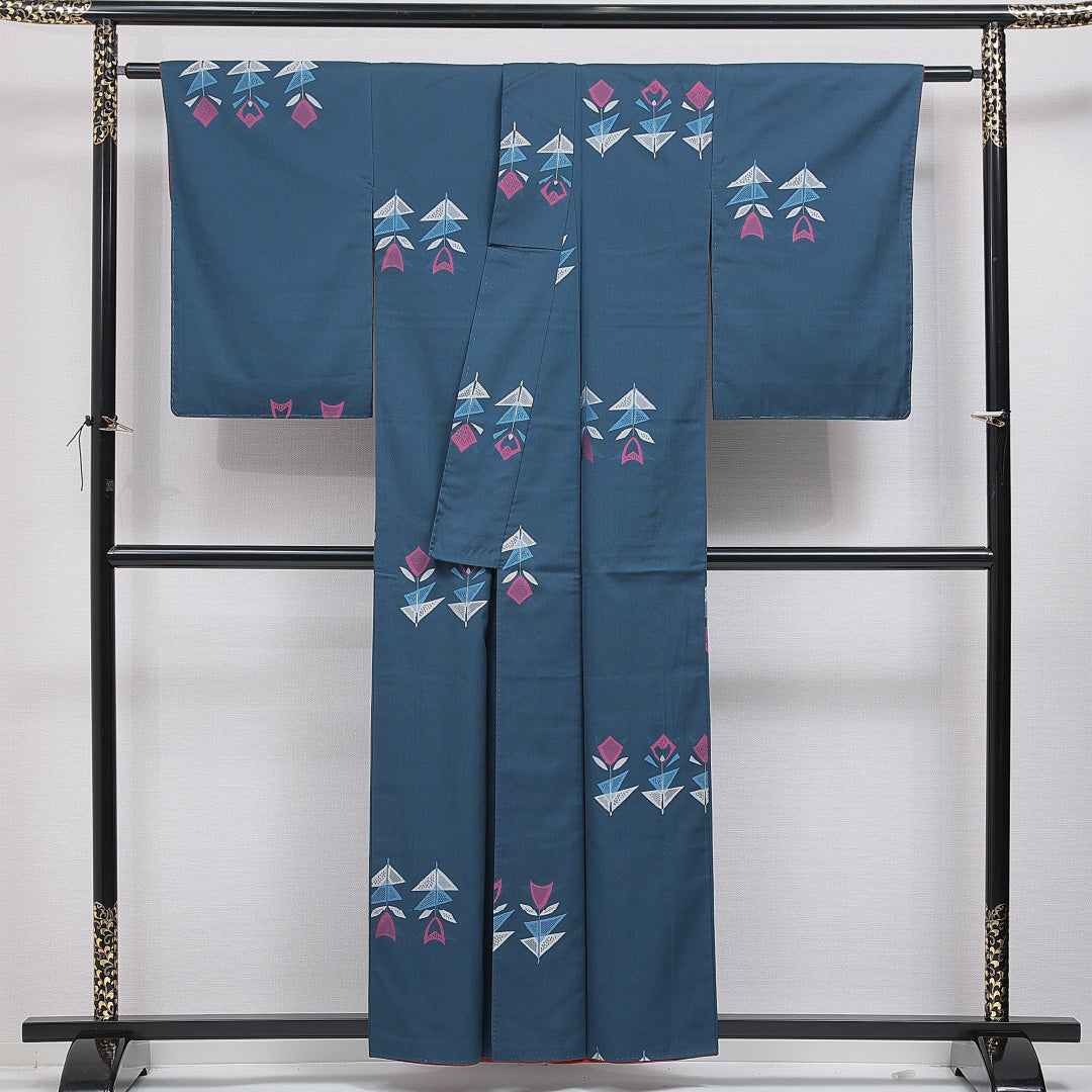 洗える着物 紬 袷 身丈157cm 裄丈62cm ポリエステル Aランク カジュアル 広衿 Mサイズ 花柄 青系 RP 1223-16404