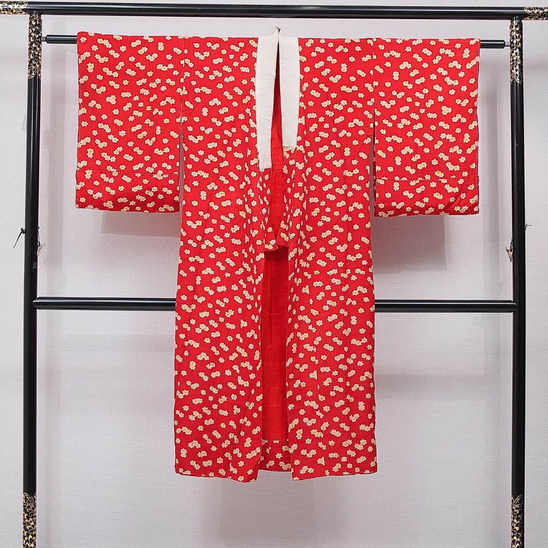 アンティーク 長襦袢 袷 身丈125cm 裄丈60cm 正絹 Aランク Mサイズ 花柄 赤系 RP 1239-15398